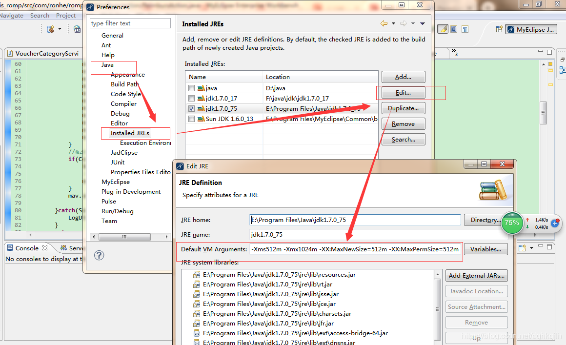 Editing default JVM arguments for a JRE in MyEclipse Installed JREs