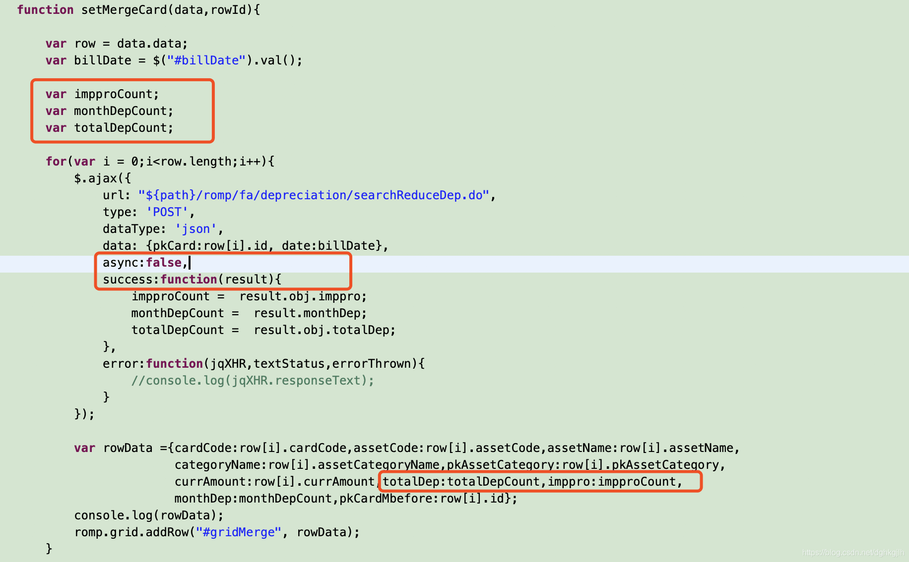 Code assigning variables in an AJAX success callback and using them to construct an array