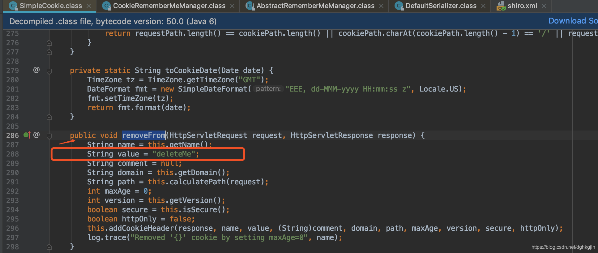 Shiro SimpleCookie.removeFrom source setting deleteMe and the expiration time
