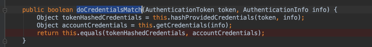 HashedCredentialsMatcher.doCredentialsMatch 对比 token 与已存储凭据的源码