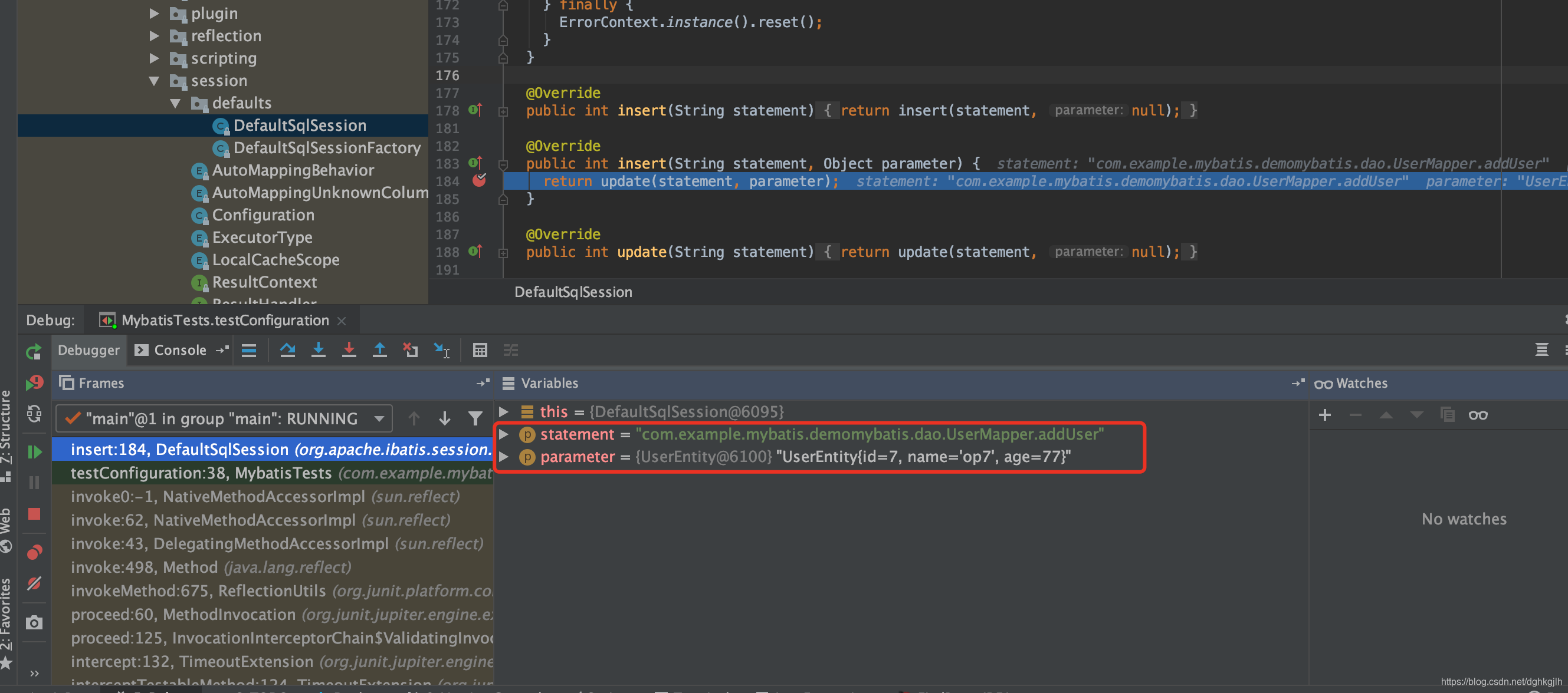 DefaultSqlSession 的 insert 方法调用 update 并传入 statement 与 parameter