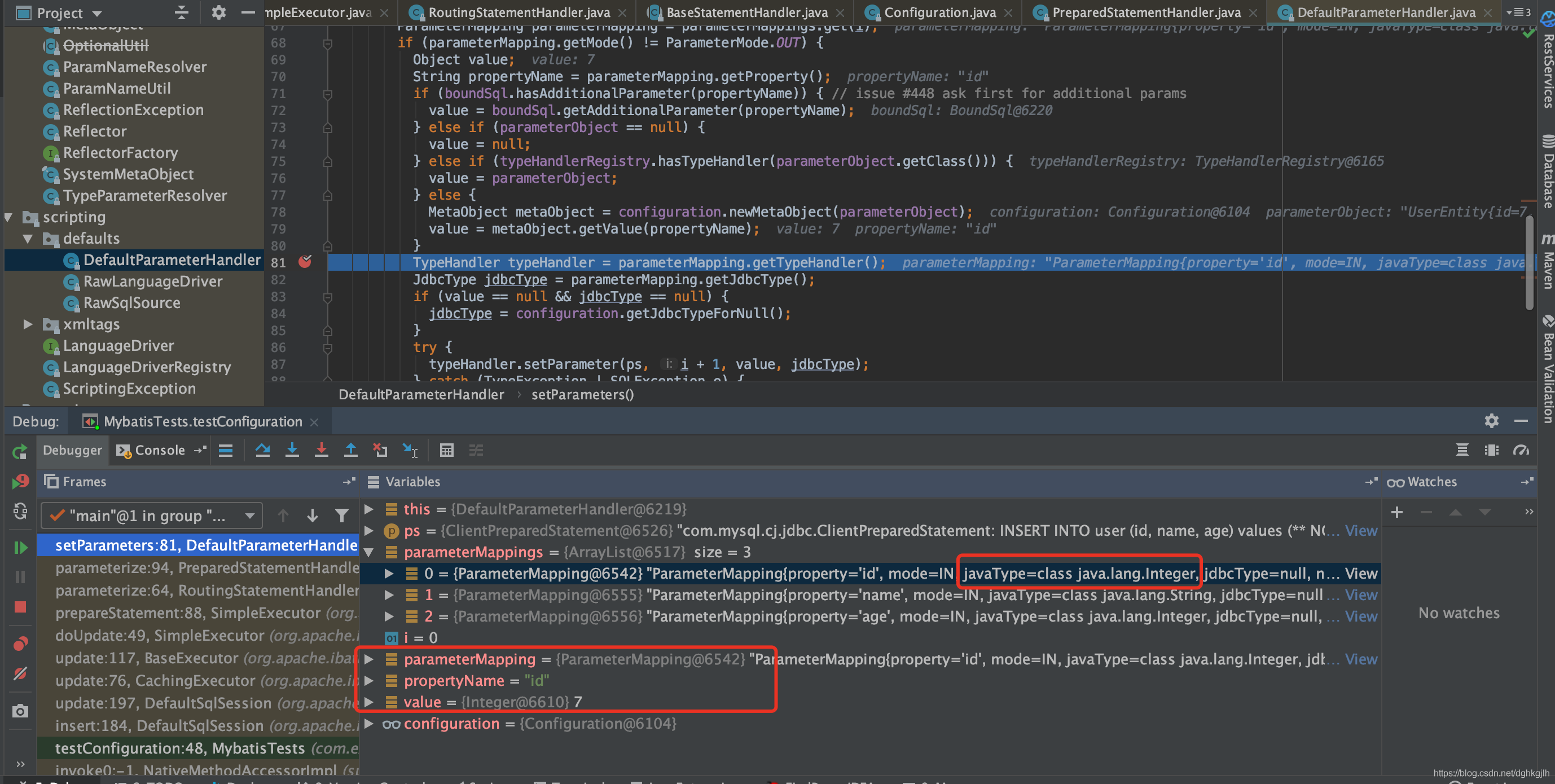 DefaultParameterHandler 调试结果：id 为 7，Java 类型为 Integer