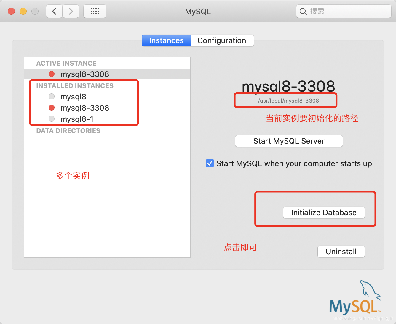 macOS MySQL 8 设置面板显示 mysql8-3308 实例及初始化数据库按钮