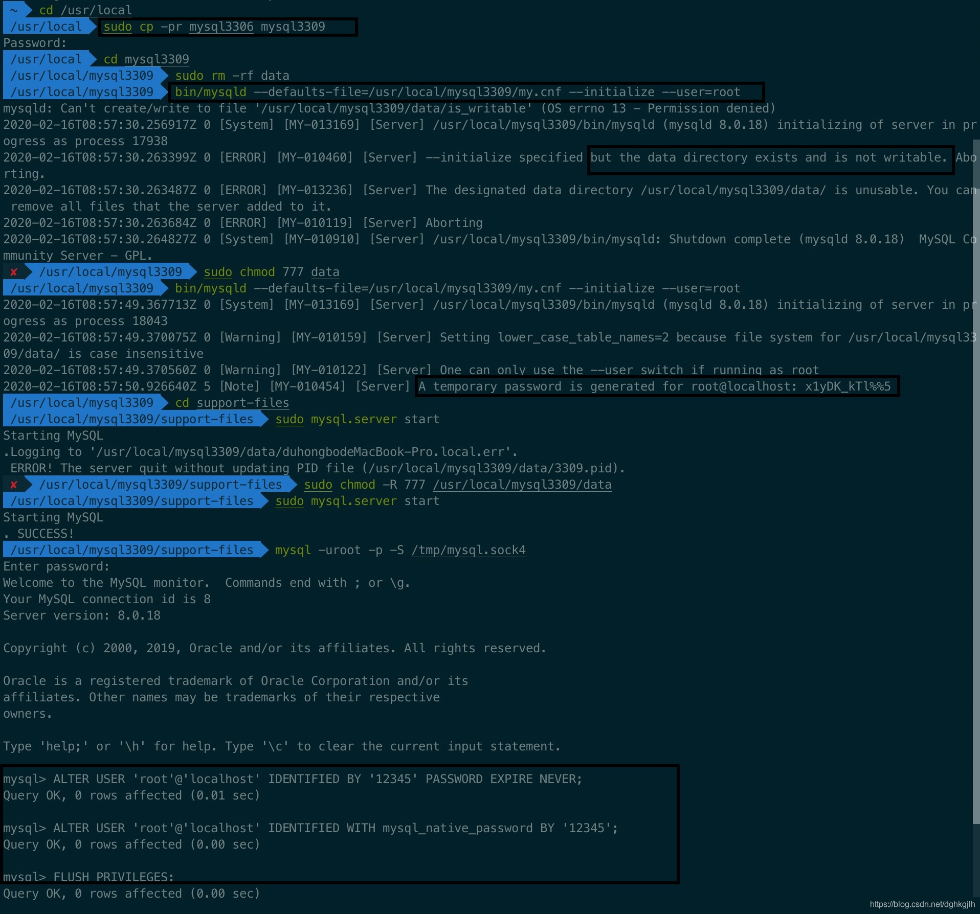 终端中初始化、启动并连接 MySQL 多实例的操作记录