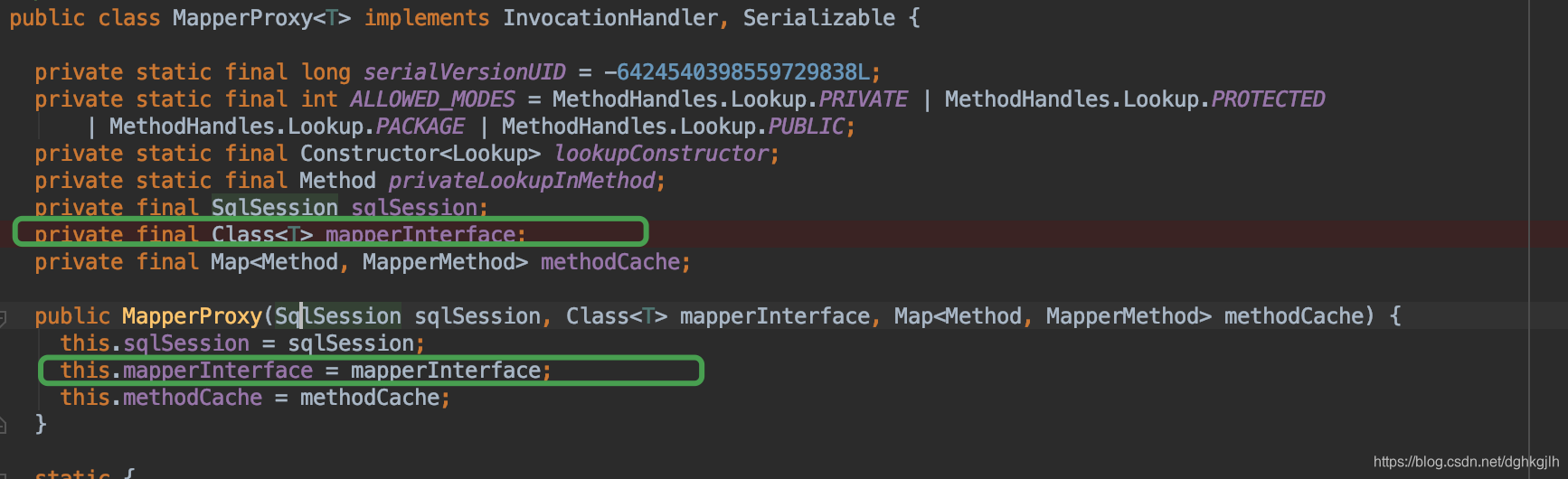 MapperProxy constructor accepting SqlSession, mapperInterface, and methodCache