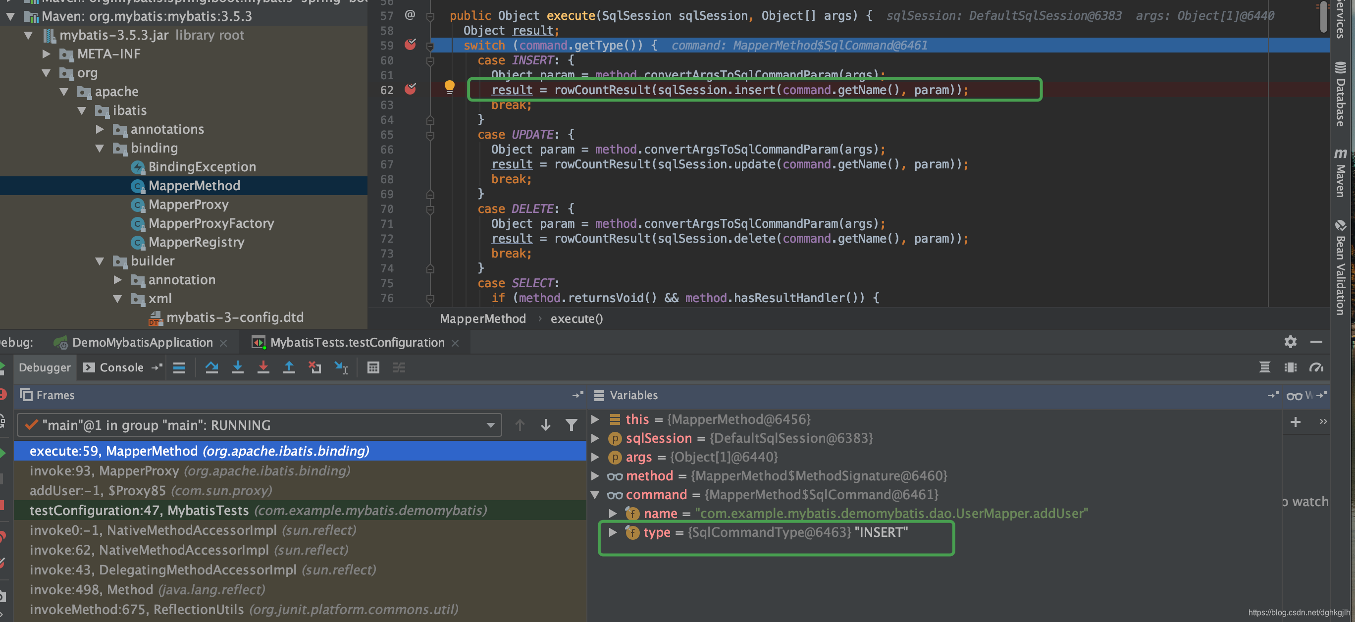 MapperMethod.execute calling methods such as SqlSession.insert according to the SQL command type