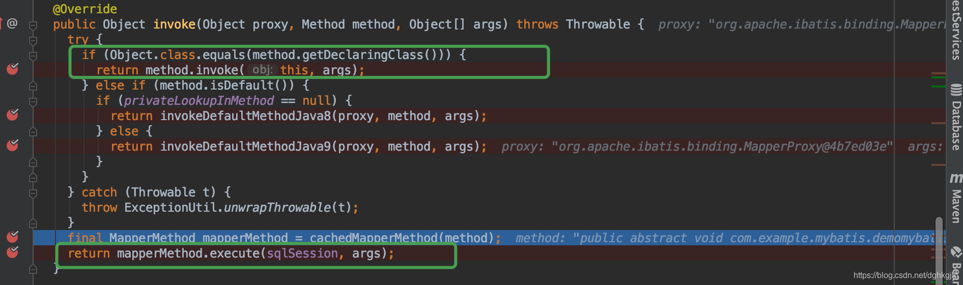 MapperProxy.invoke selecting the invocation path by method type and executing MapperMethod