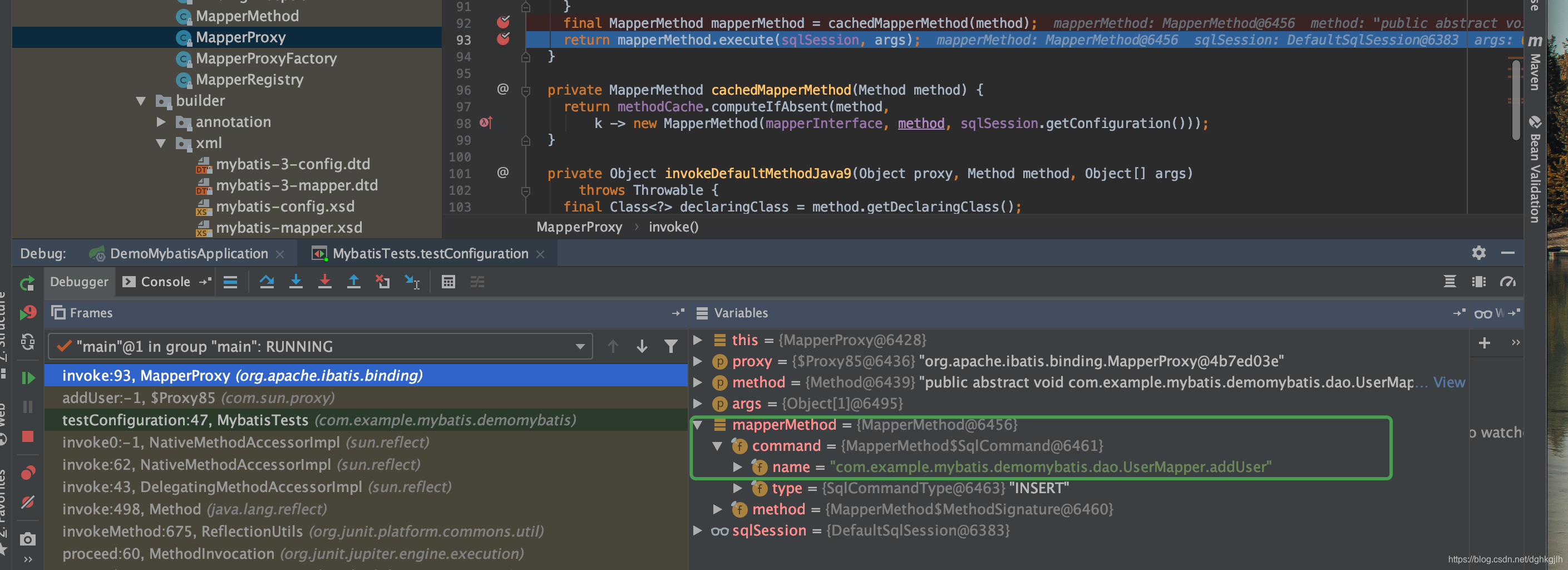 MapperMethod initializing SqlCommand, with the mapper method command shown in the debugger