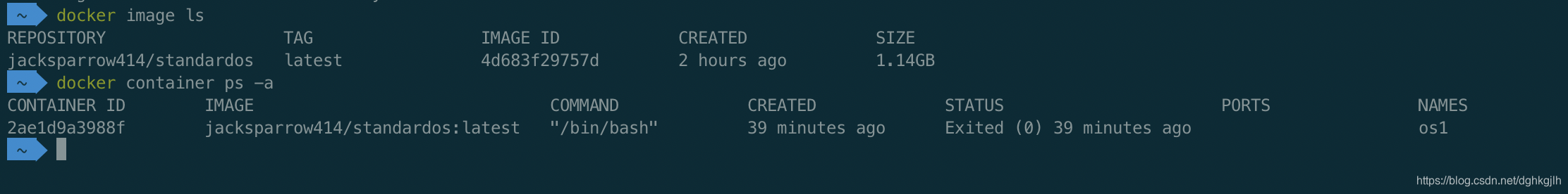 Docker image list showing a CentOS image size of approximately 1.14 GB