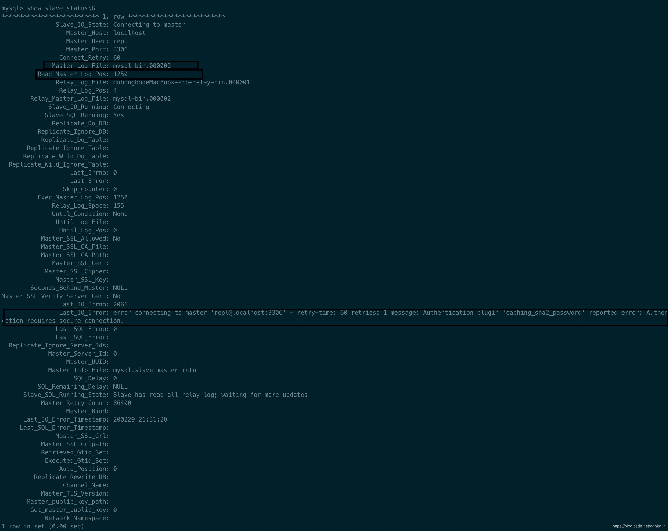 SHOW SLAVE STATUS 中 Last_IO_Error 显示主库连接认证错误