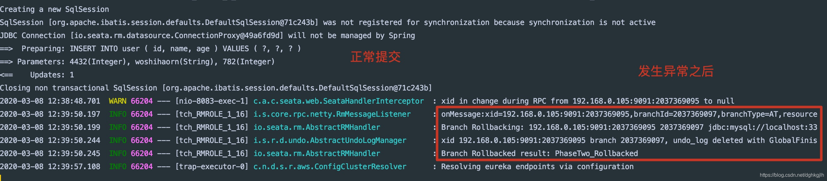 Seata 日志显示分支事务回滚并关联对应 branchId 与 xid
