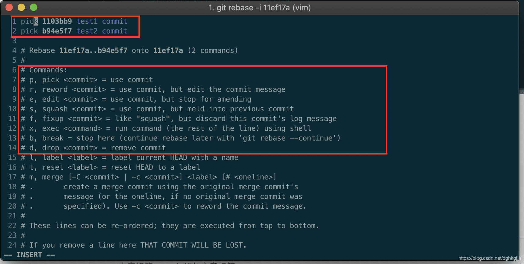 交互式 rebase 的 Vim 编辑界面,将第二个提交设为 squash