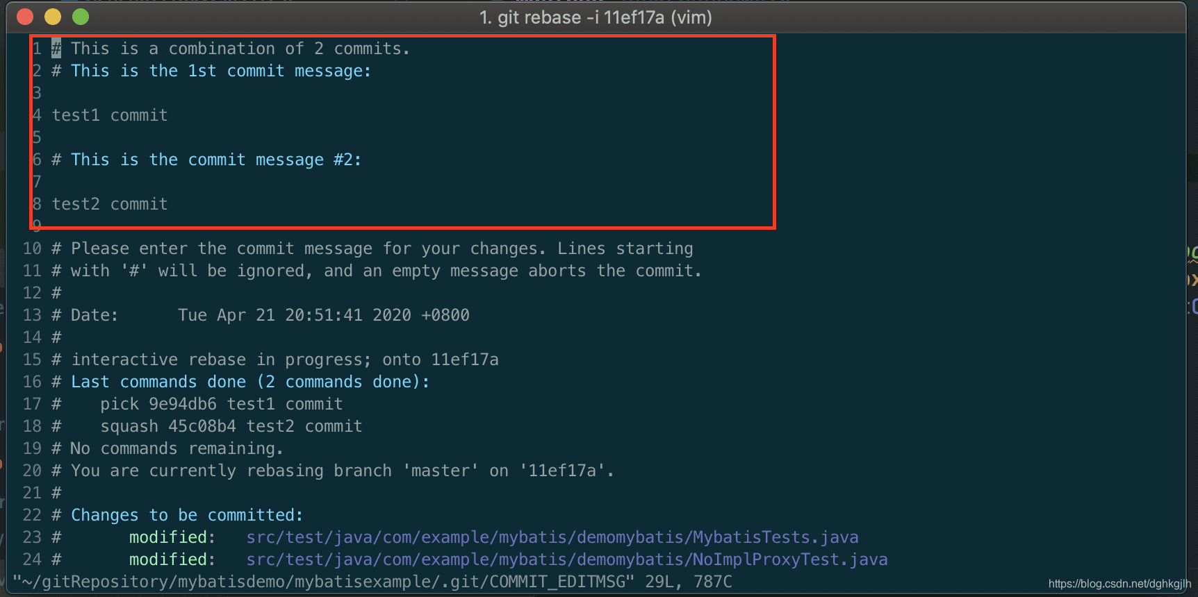 合并两个 Git 提交后编辑最终 commit message 的界面