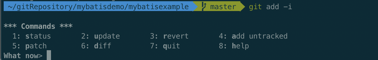 git add -i 的交互菜单,提供暂存、补丁与差异查看等操作