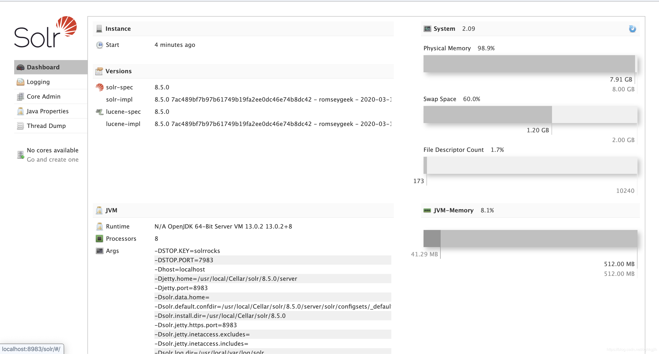Solr 启动后的管理台 Dashboard