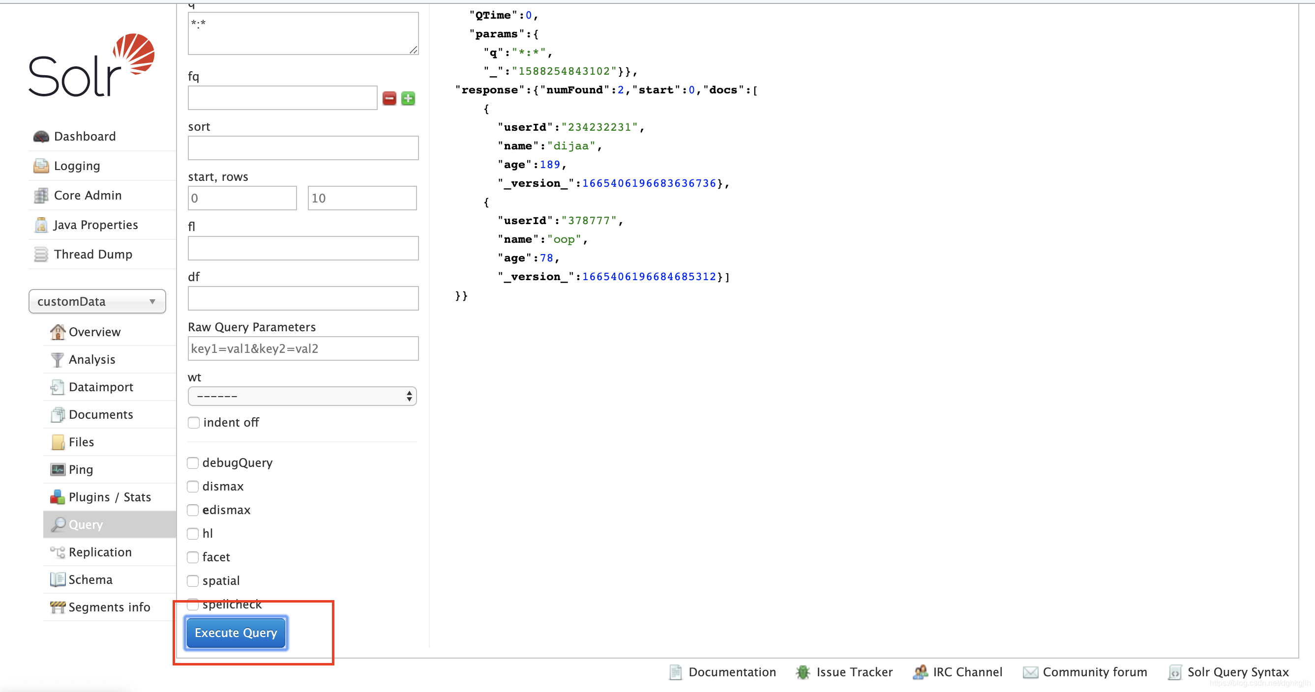 Solr Query 管理页面查询并返回已插入文档