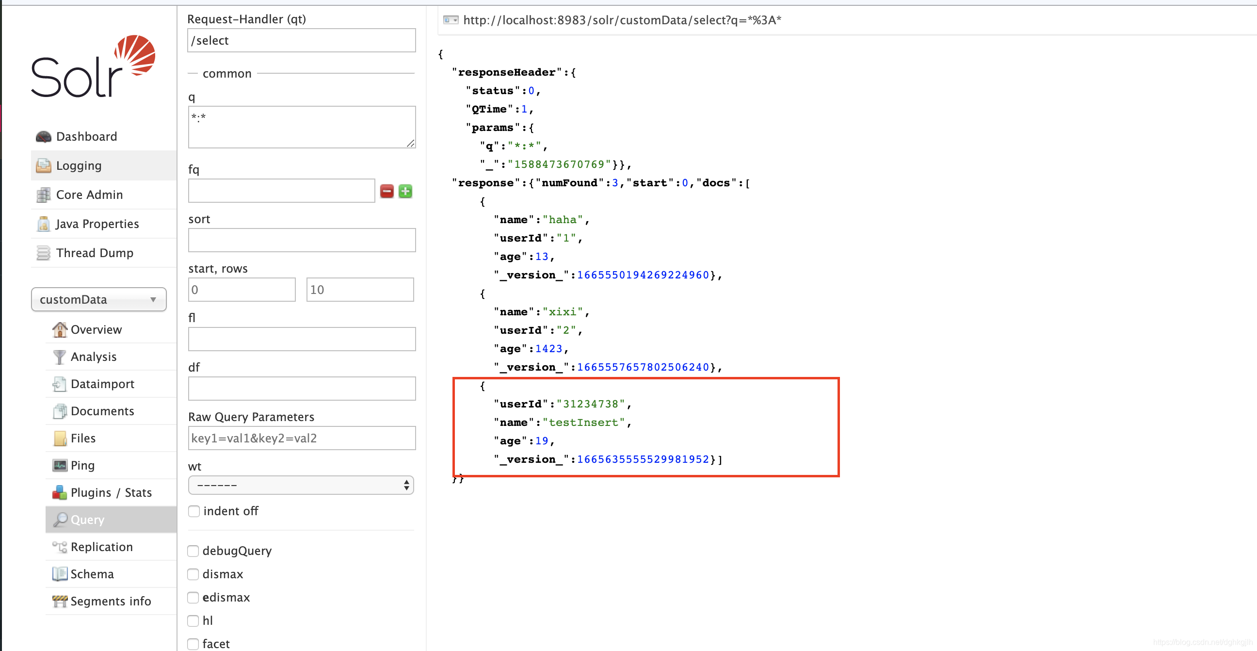 Solr administration query results showing documents inserted through SolrJ