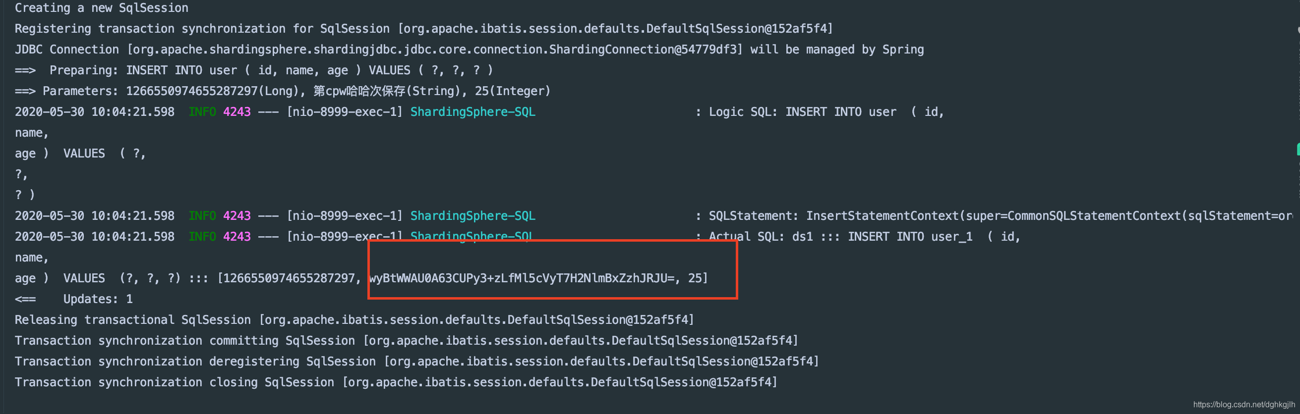 ShardingSphere 插入日志显示路由到 ds1.user_1 并加密 name 字段