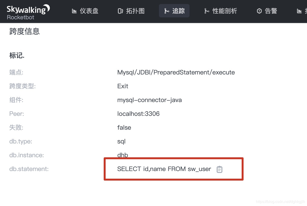SkyWalking JDBC span 详情显示 SELECT id,name FROM sw_user