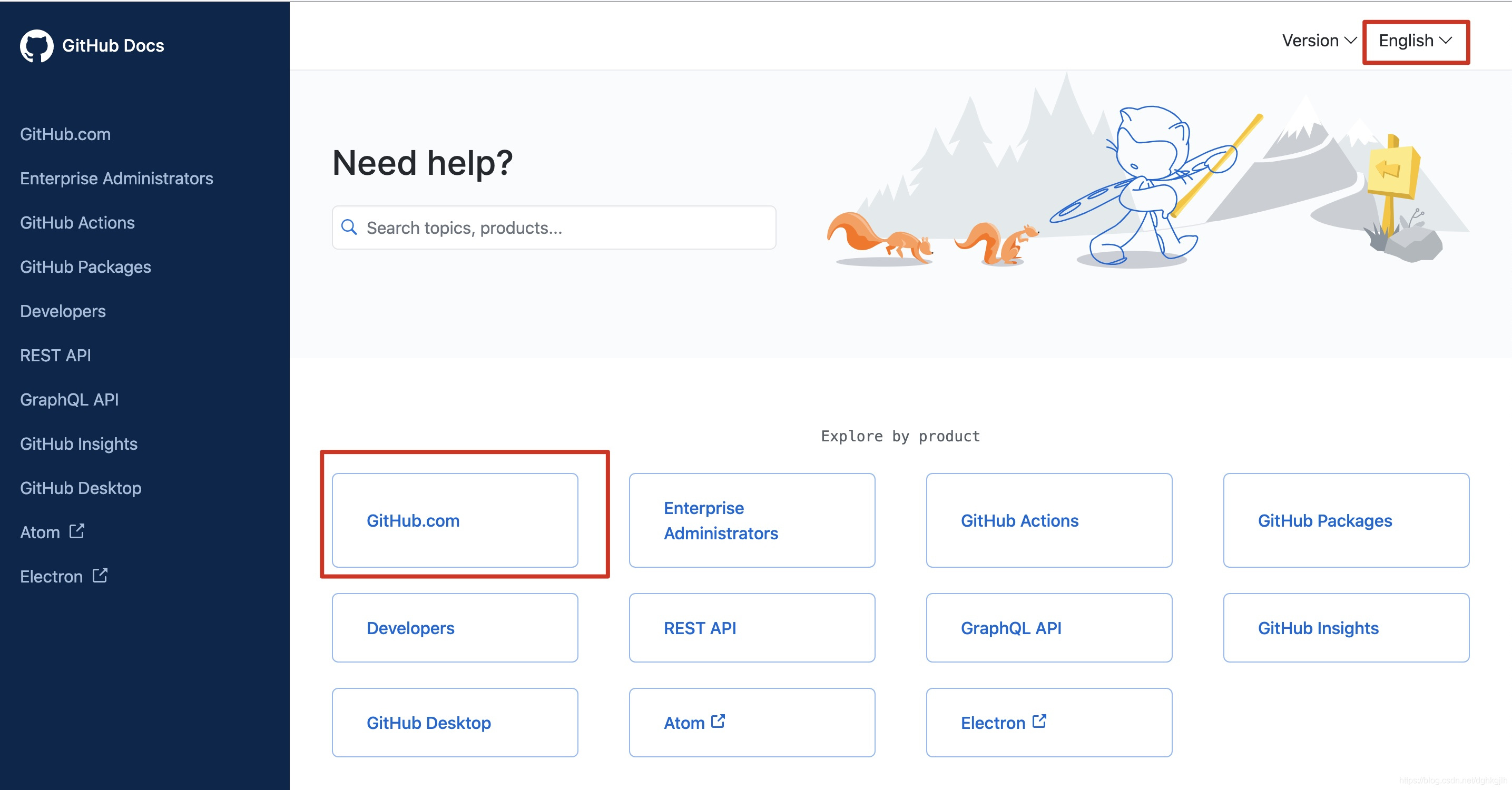 GitHub Docs 首页的语言切换入口与文档分类