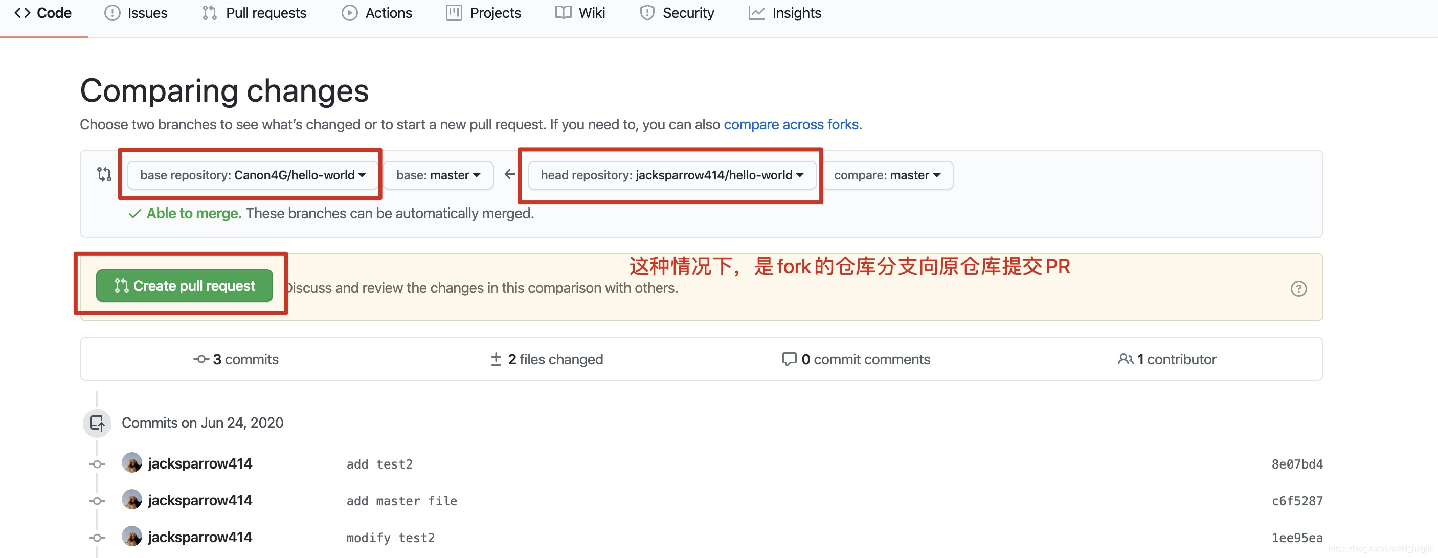 GitHub 比较页面选择从个人 fork 向上游仓库提交 PR