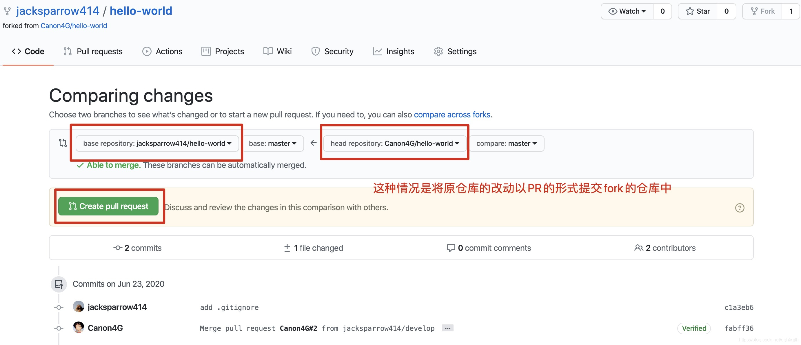 GitHub 比较页面选择从上游仓库向个人 fork 同步提交