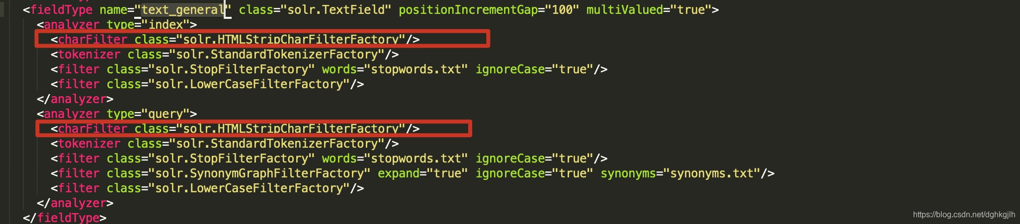 Solr text_general analyzer configuring HTMLStripCharFilterFactory before the tokenizer