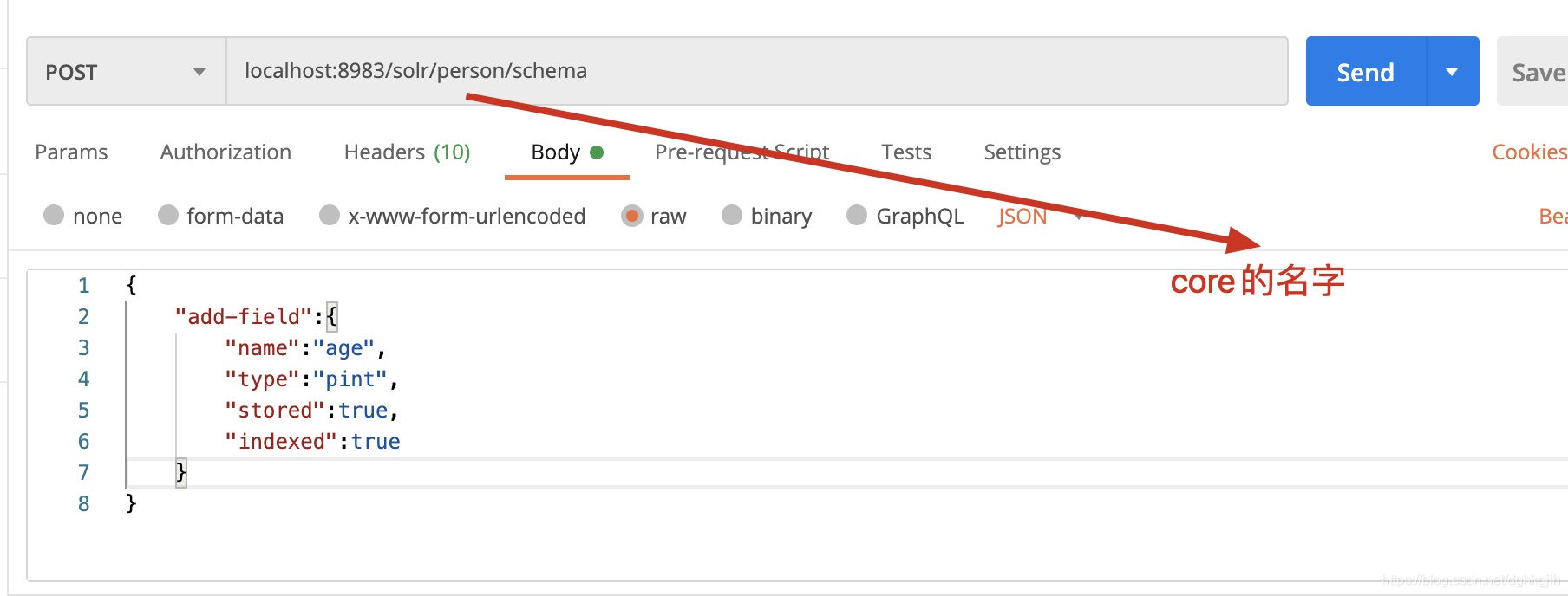 Postman request to add fields through the Solr Schema API