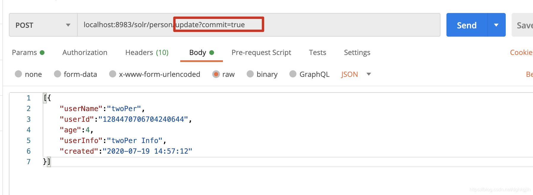 Postman submitting a JSON array to the Solr update endpoint to insert documents