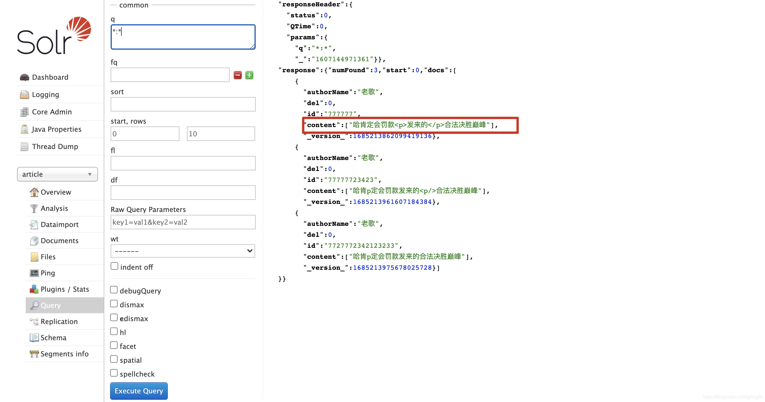 Original content data in Solr query results containing HTML p tags