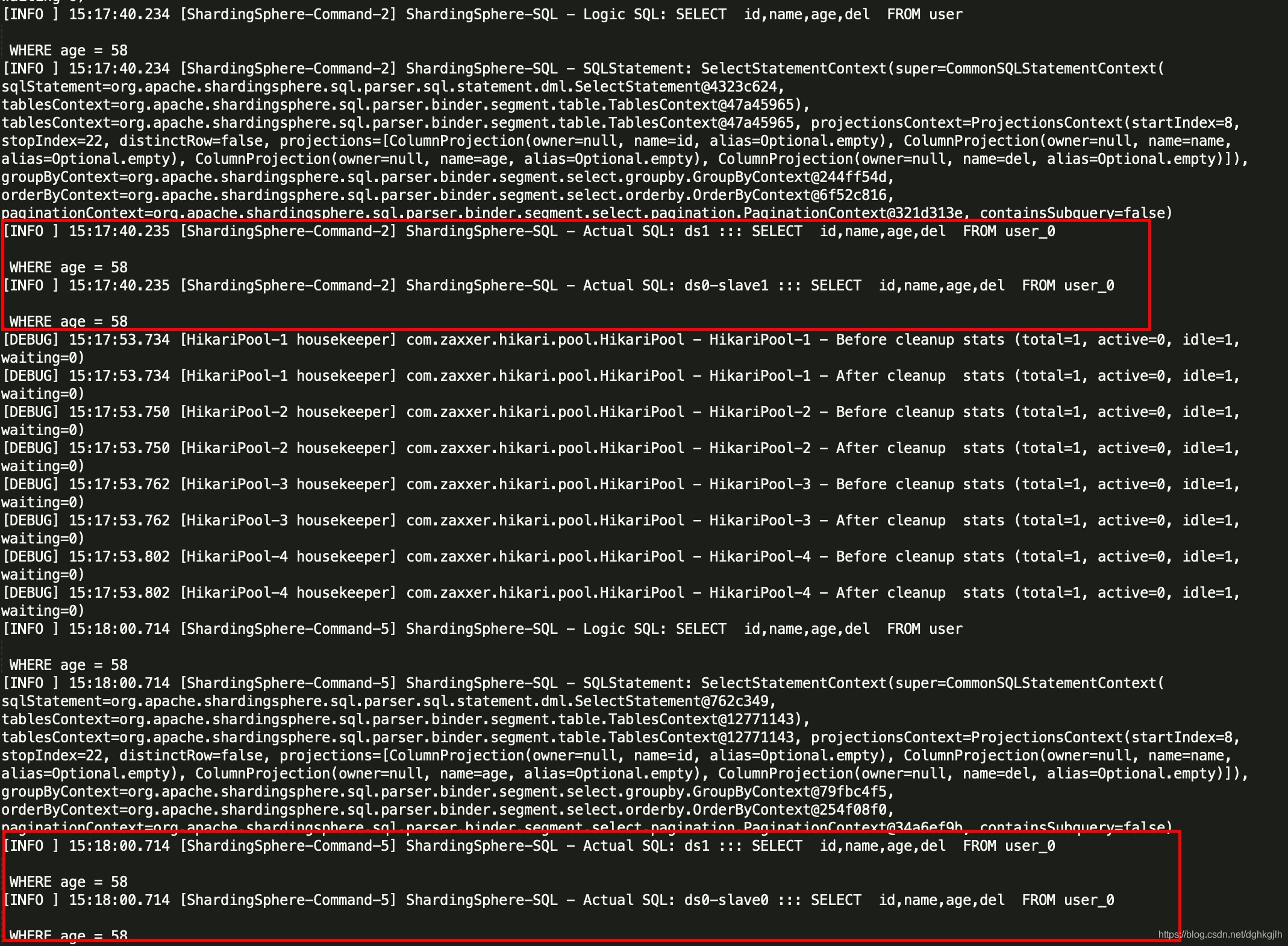 ShardingProxy query logs showing round-robin reads across two replicas