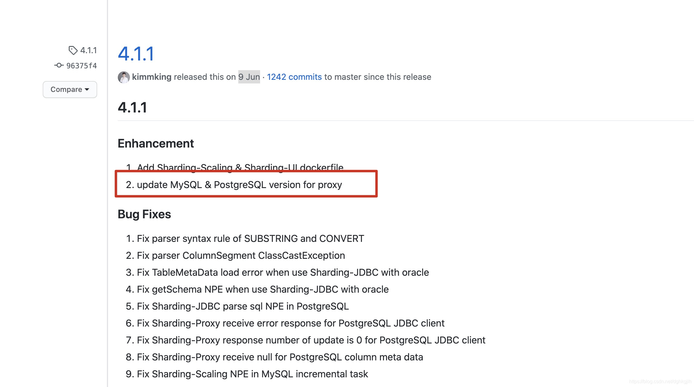 ShardingSphere 4.1.1 release notes highlighting database version updates for the proxy
