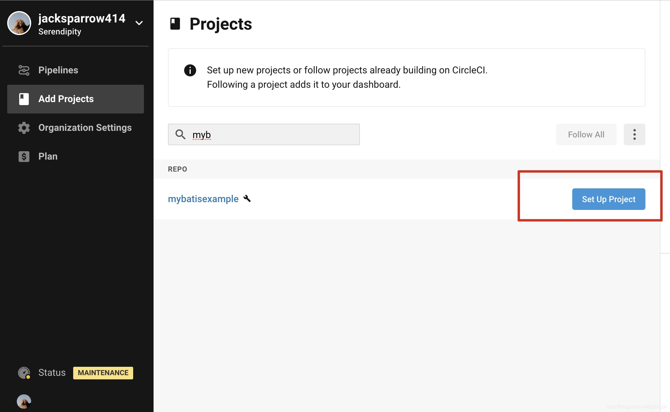 CircleCI Projects 页面中的 Set Up Project 按钮