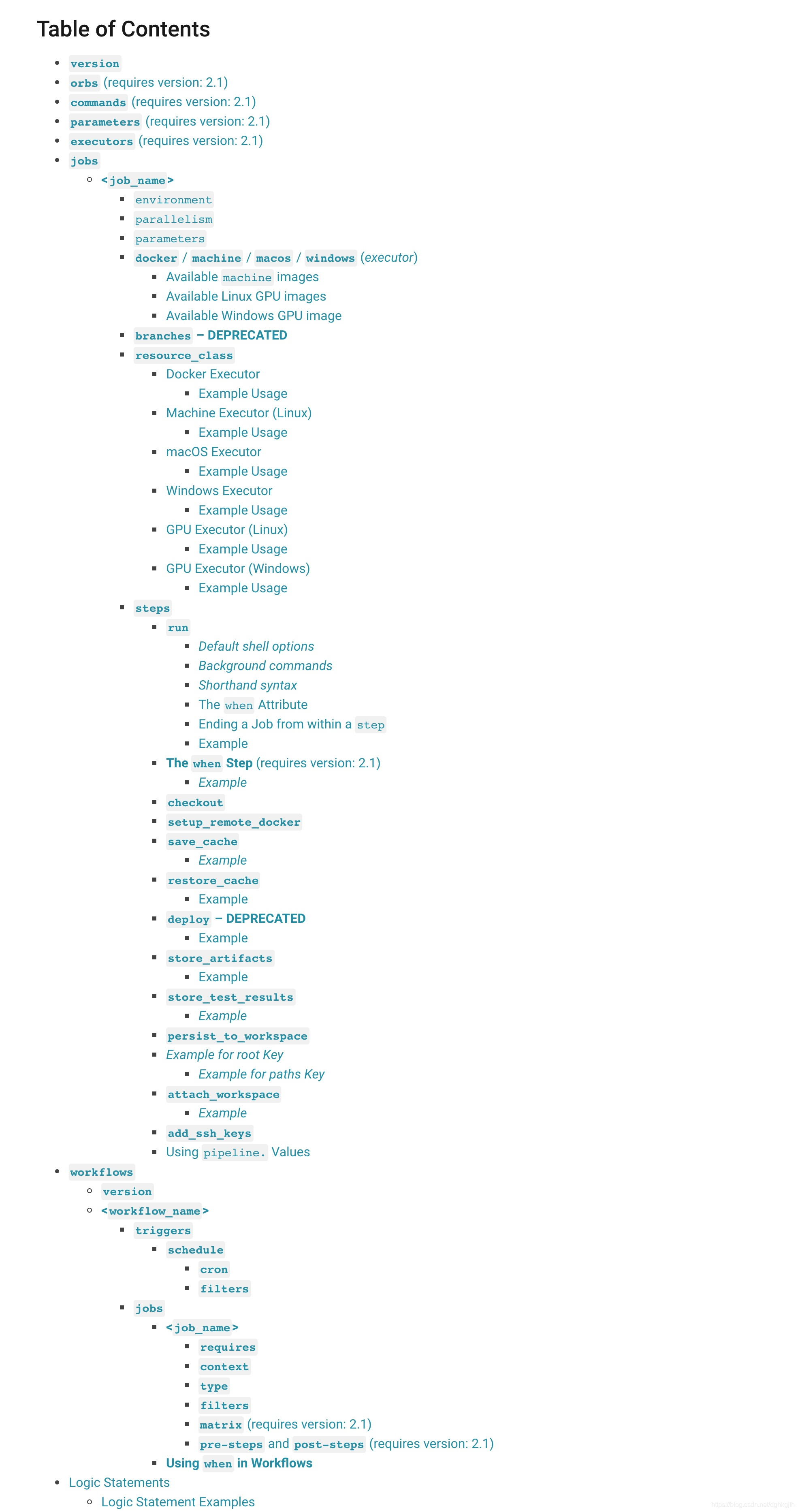 CircleCI 配置文档展示 config.yml 的整体结构