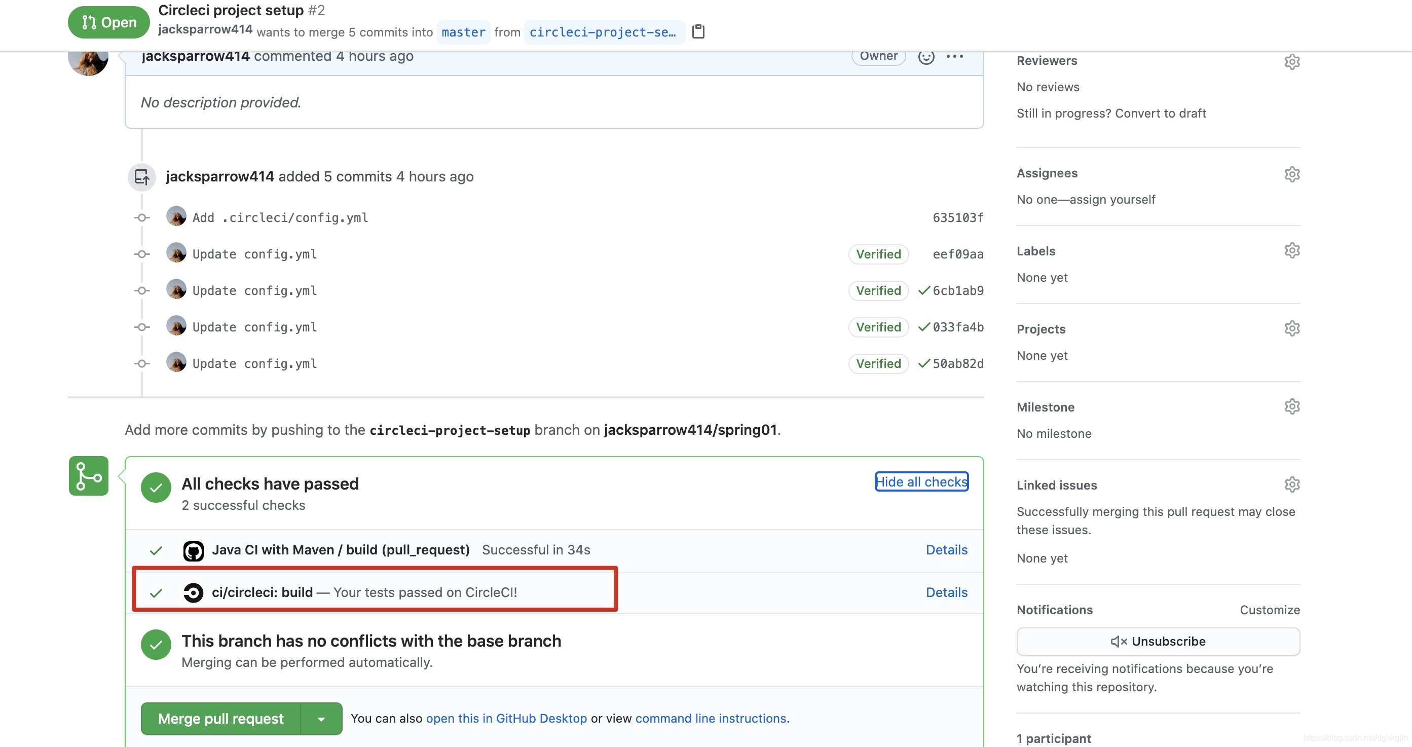 GitHub PR 页面显示 CircleCI 检查通过