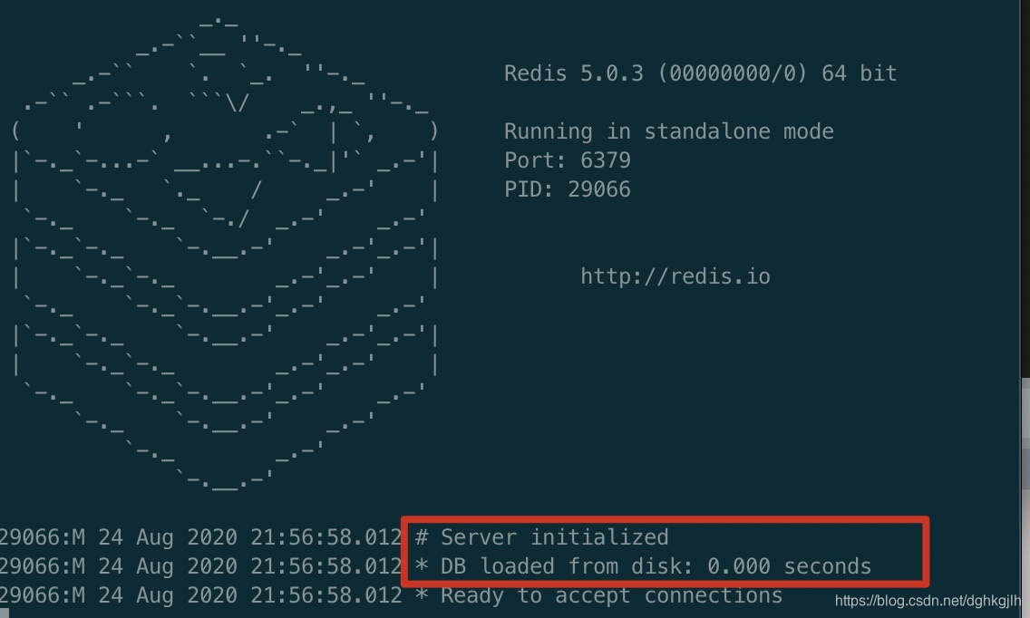 Redis startup logs showing RDB data loaded from disk