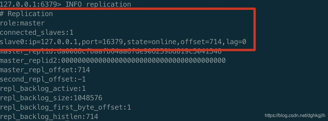 Master INFO replication output showing connected replicas