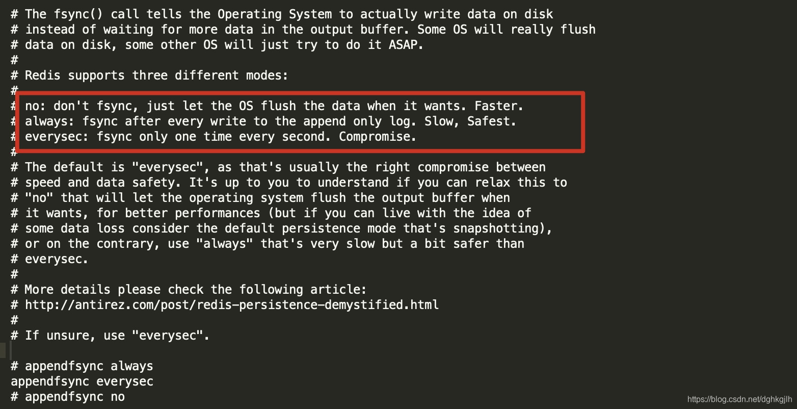 redis.conf documentation for the always, everysec, and no appendfsync policies