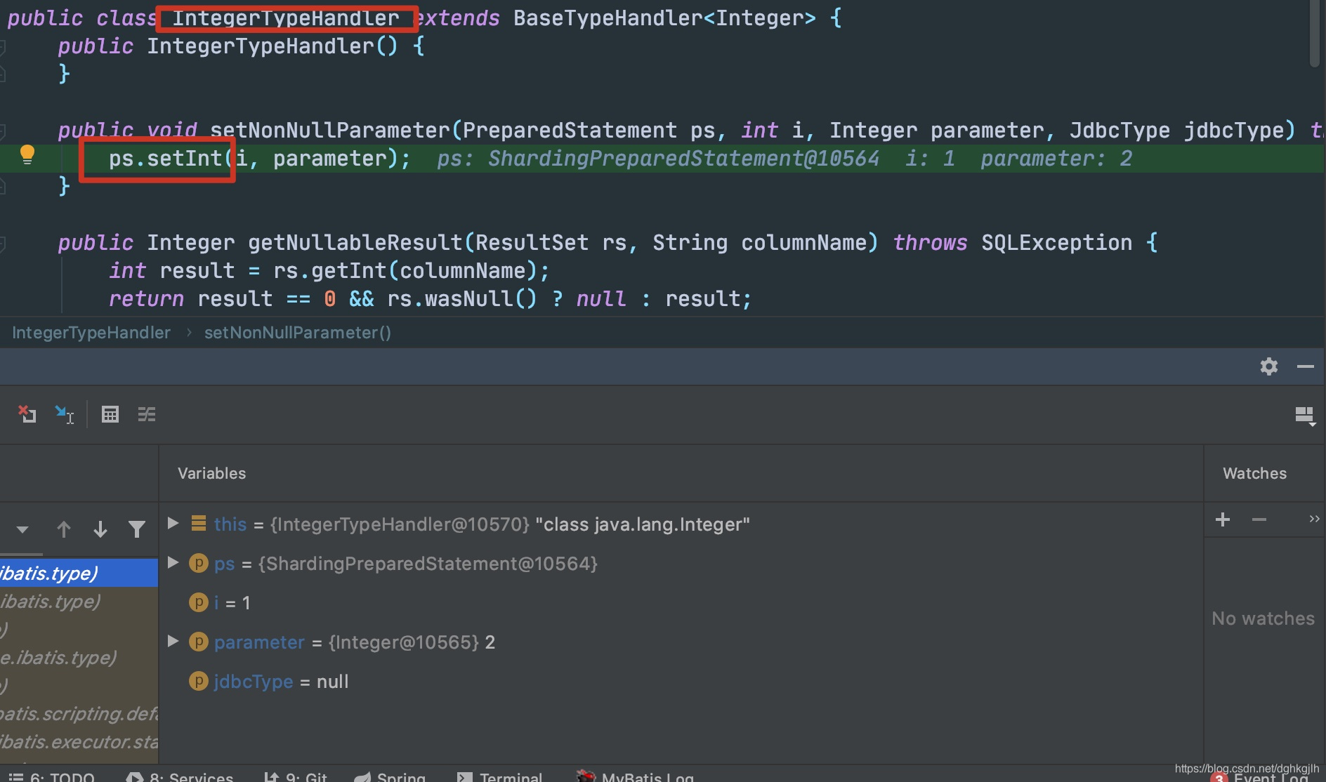 IntegerTypeHandler 调用 ShardingPreparedStatement.setInt 的调试过程