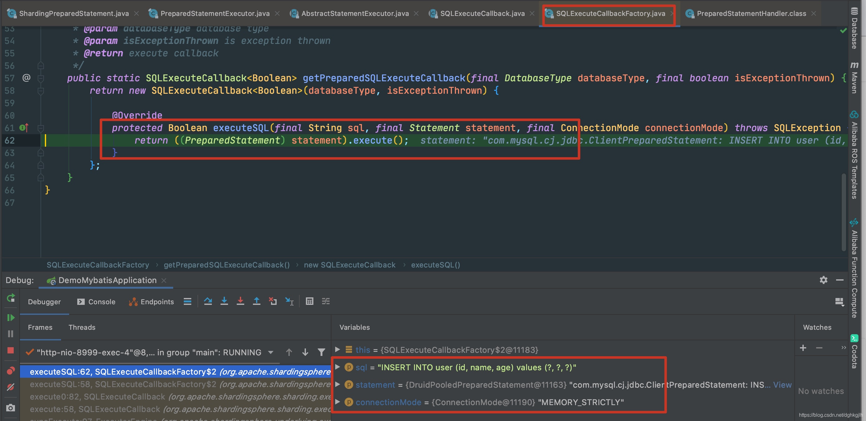 SQLExecuteCallback 使用实际 PreparedStatement 执行 SQL