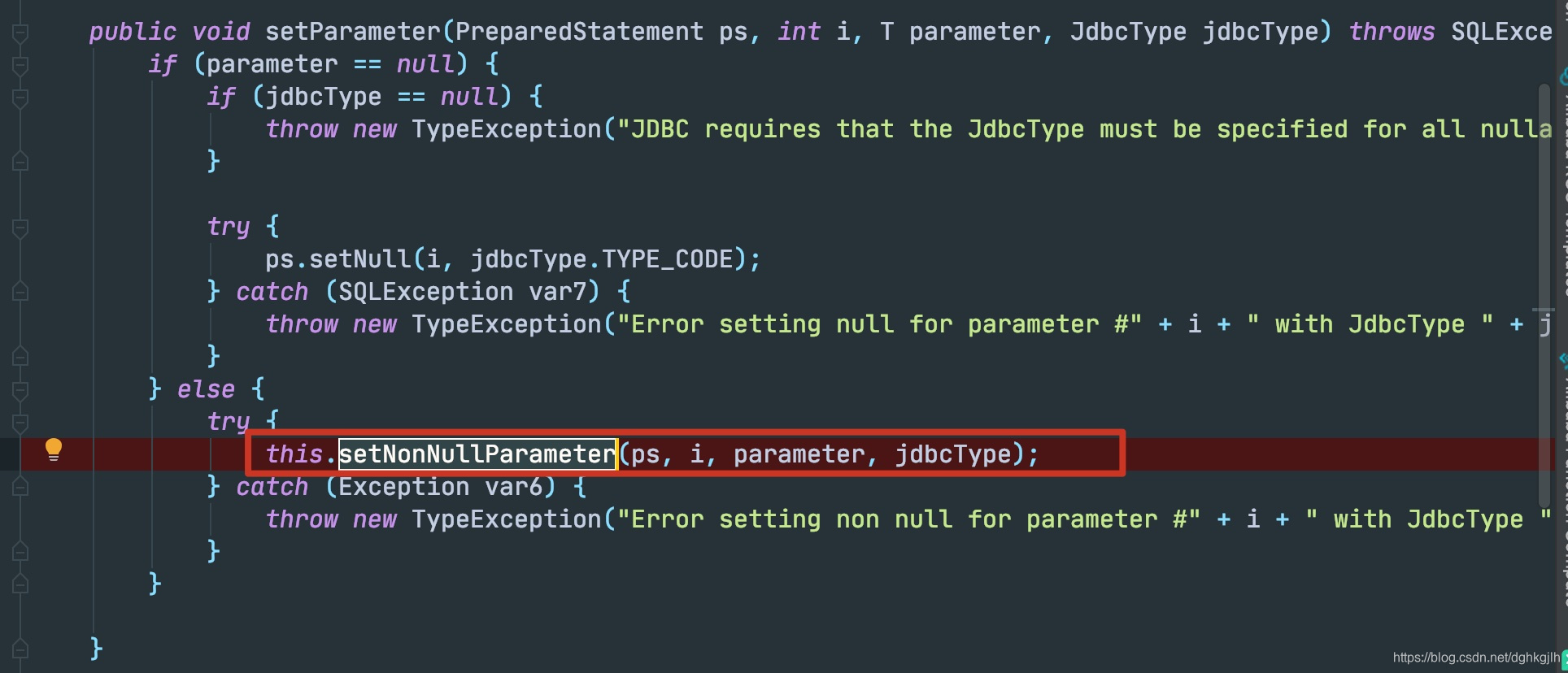 BaseTypeHandler.setParameter 调用类型处理器的 setNonNullParameter