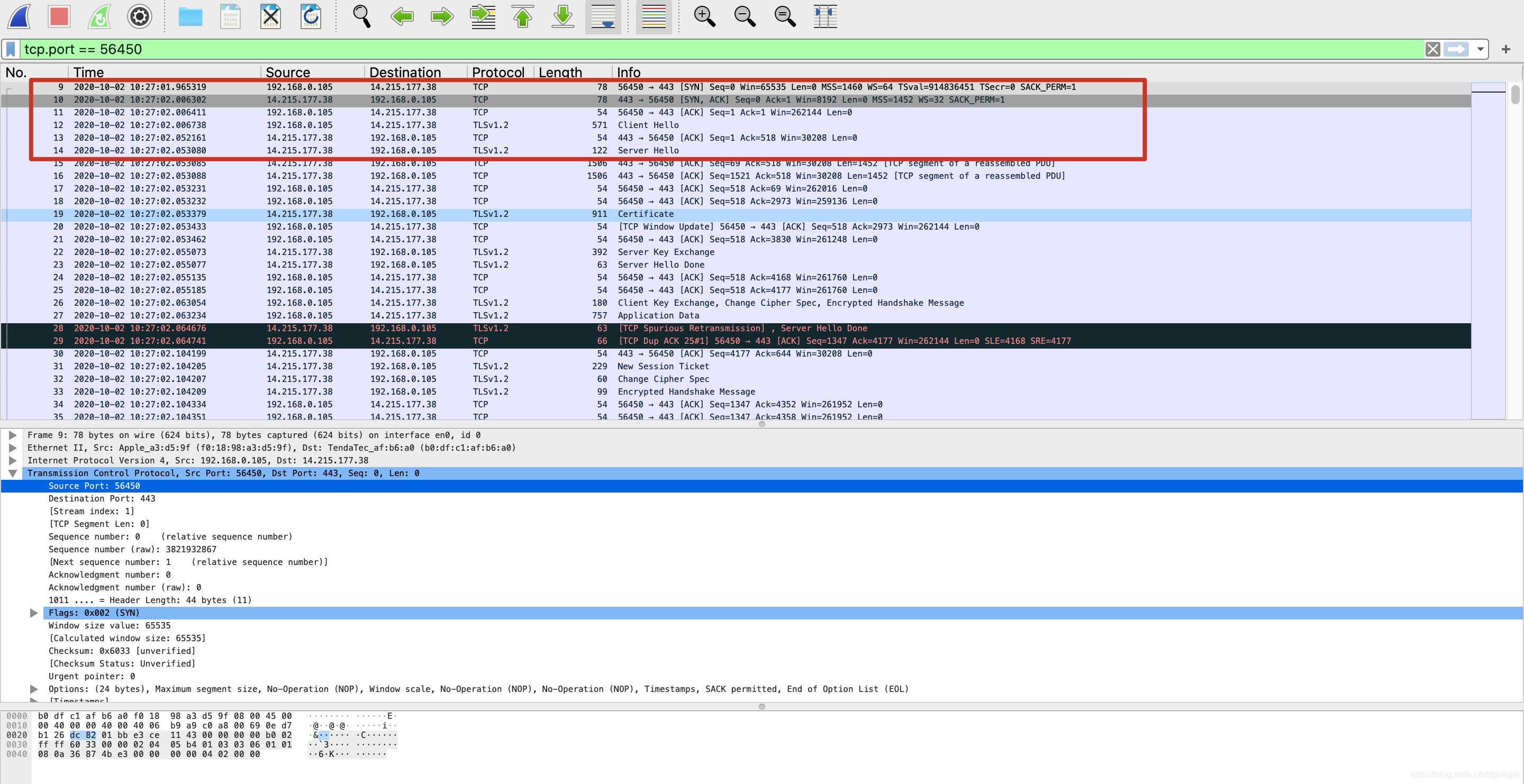 Wireshark 中 56450 端口与服务端 443 端口建立连接并传输 TLS 数据