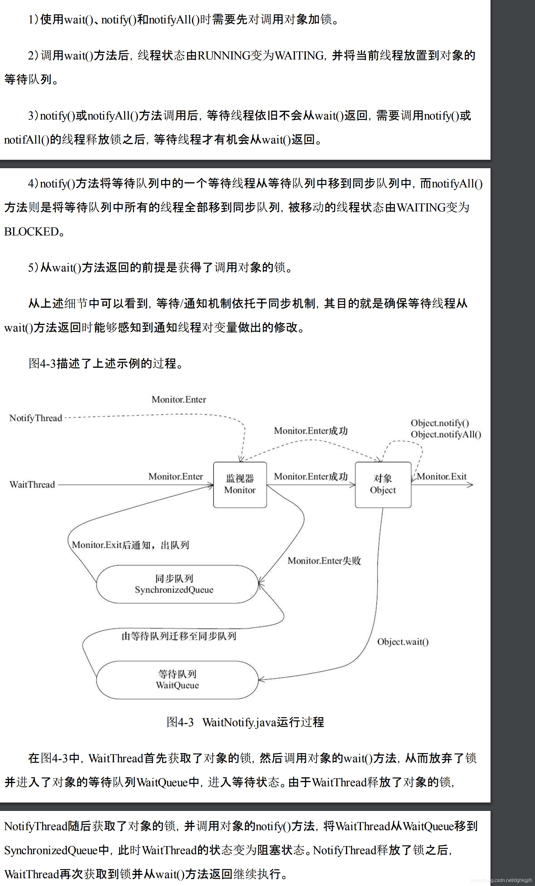线程等待、通知后重新竞争锁并检查条件的流程图
