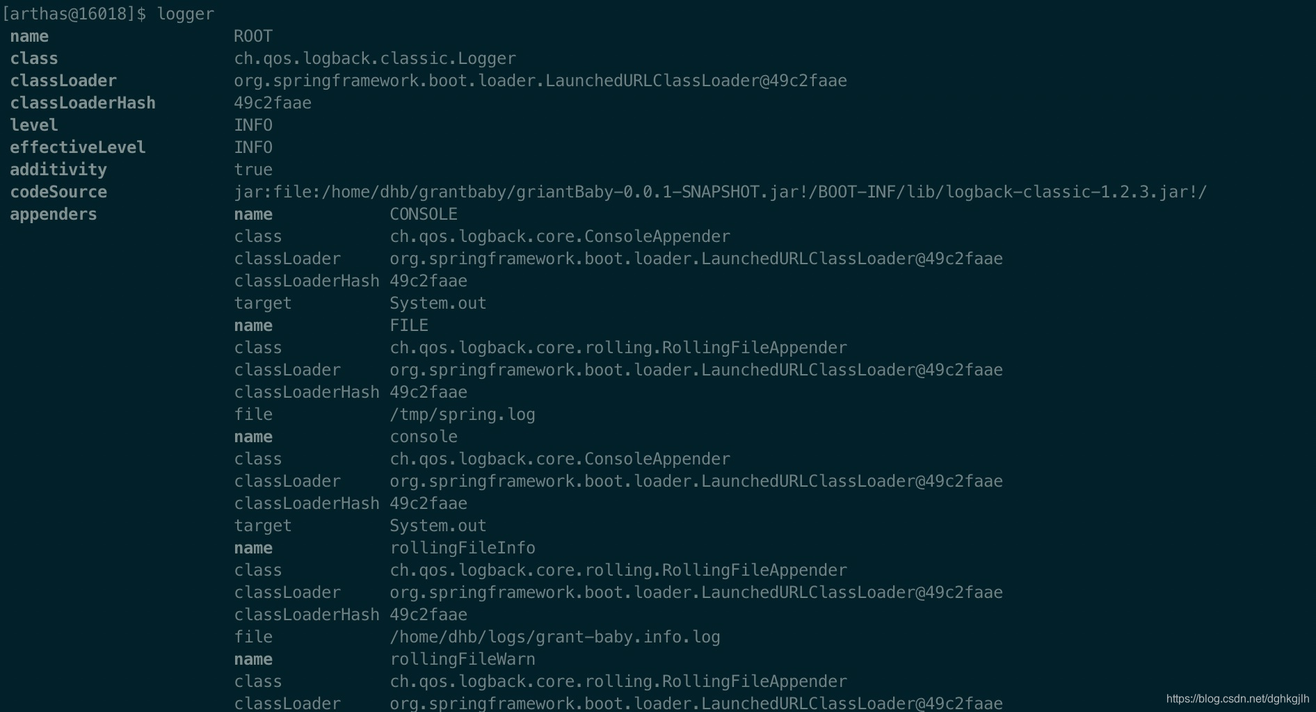 Arthas logger command showing the current log level as INFO