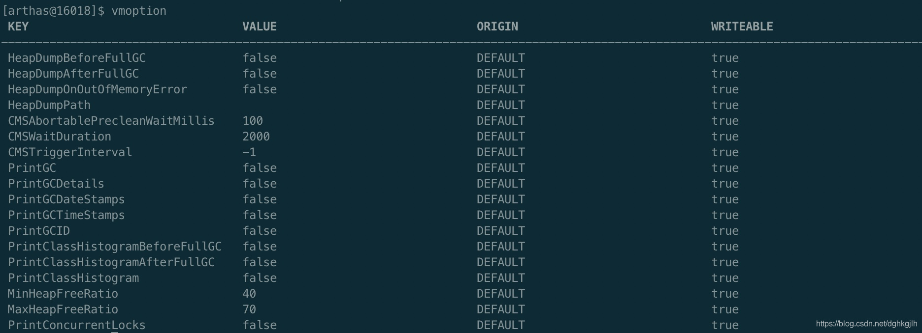 Arthas vmoption command listing JVM options and current values