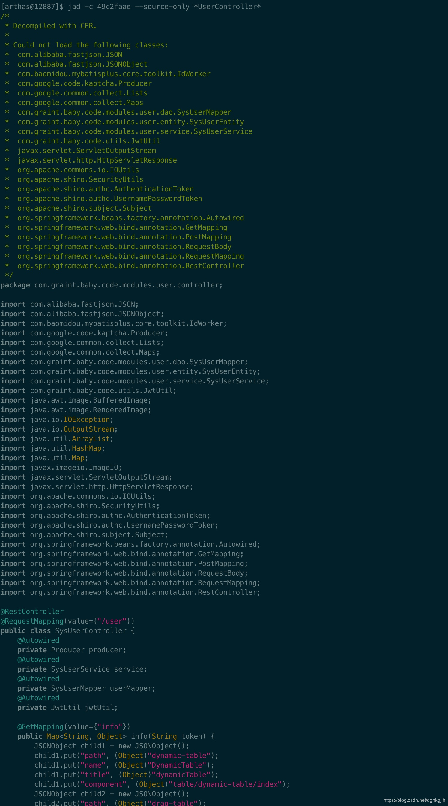 SysController Java source decompiled with the Arthas jad command