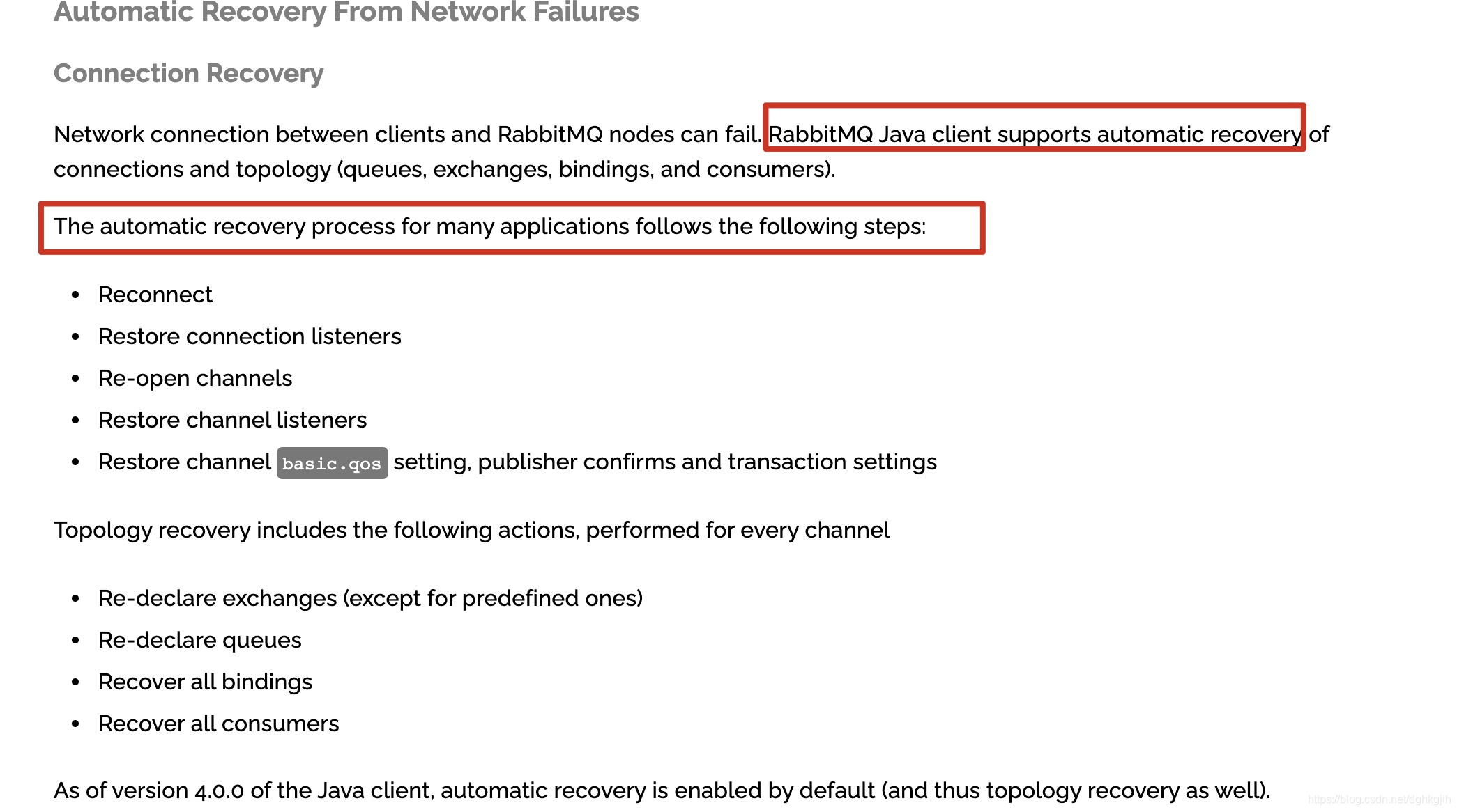 RabbitMQ Java Client 文档说明连接故障后的自动恢复步骤