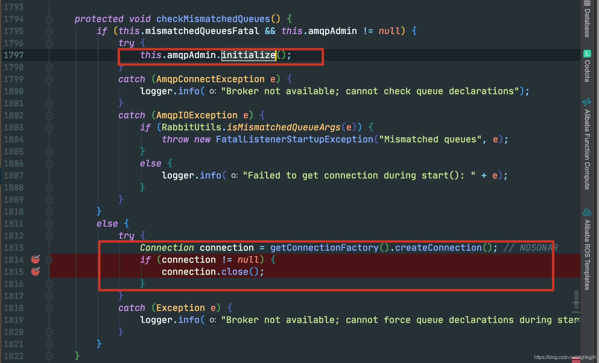 checkMismatchedQueues 中初始化 RabbitAdmin 或创建连接的分支