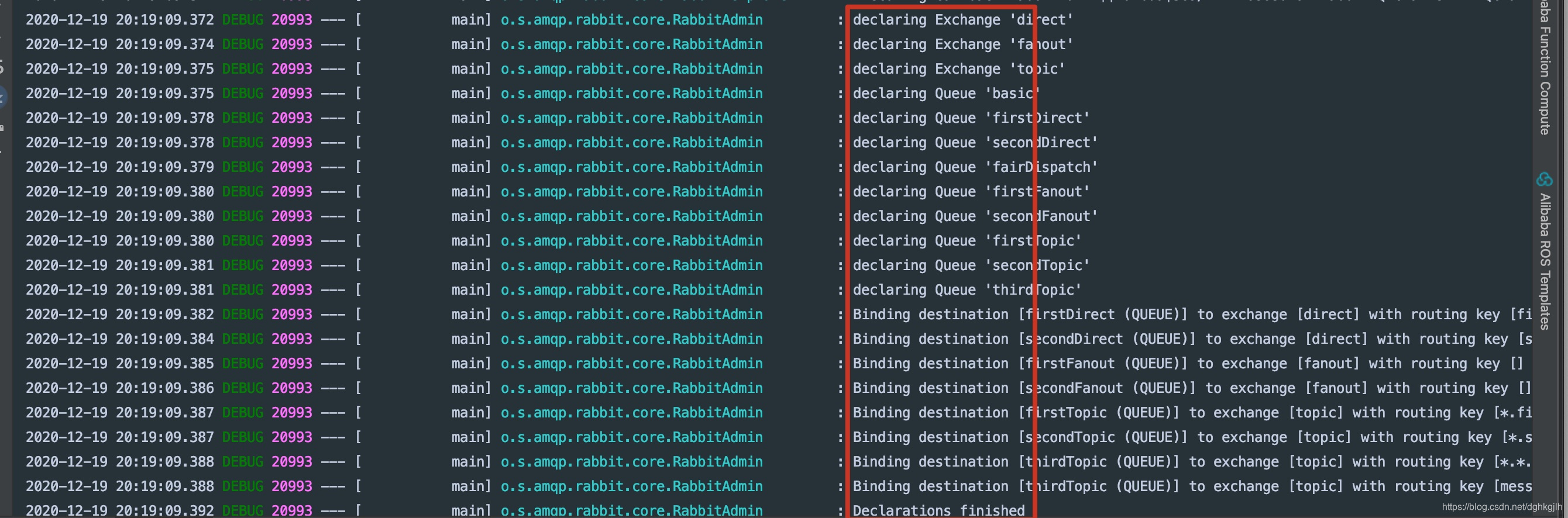 RabbitAdmin 初始化日志显示 Exchange、Queue 和 Binding 的声明