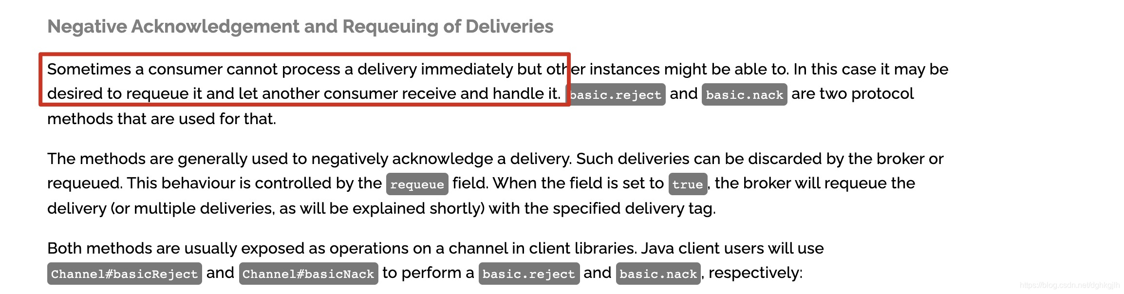 RabbitMQ 文档说明拒绝确认消息与重新入队的行为